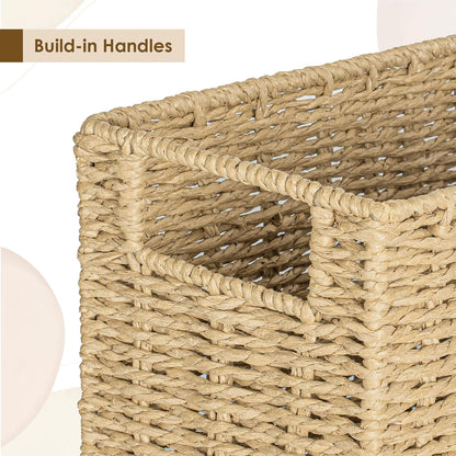 AELS Woven Natural Fibre Magazine Holder, Scalloped Edge Floor Magazine Rack, Hand-woven Organizer, Boho Modern Farmhouse Book Basket, File Newspaper Mail Holder for Office