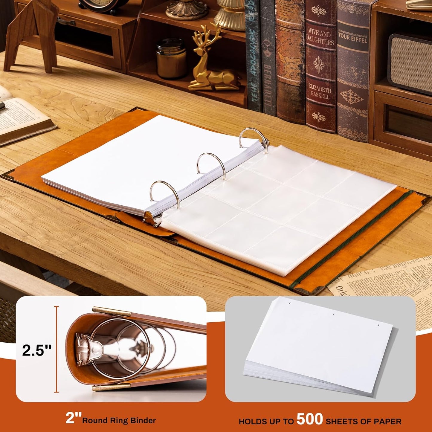 Ovesmusl Leather 3 Ring Binder Fits 8.5"x11" Letter Size Paper, 1 Inch Round Ring Binder Holds 200 Sheets, Notebook Cover Loose Leaf Organizer, Green Tree
