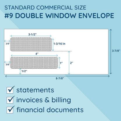500 No. 9 Flip and Seal Double Window Security Envelopes - Designed for Quickbooks Invoices and Business Statements with Self Seal Flip Press and Seal Flap -Number 9 Size 3 7/8 Inch X 8 7/8 Inch