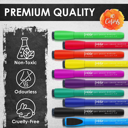 Loddie Doddie Dry Erase Magnetic Whiteboard Markers - 10-Pack of Unique Bright Colors, Medium Tip - Eraser Caps & Magnets Erasable Pens - Bright Dry Erase Markers for Office & School Supplies