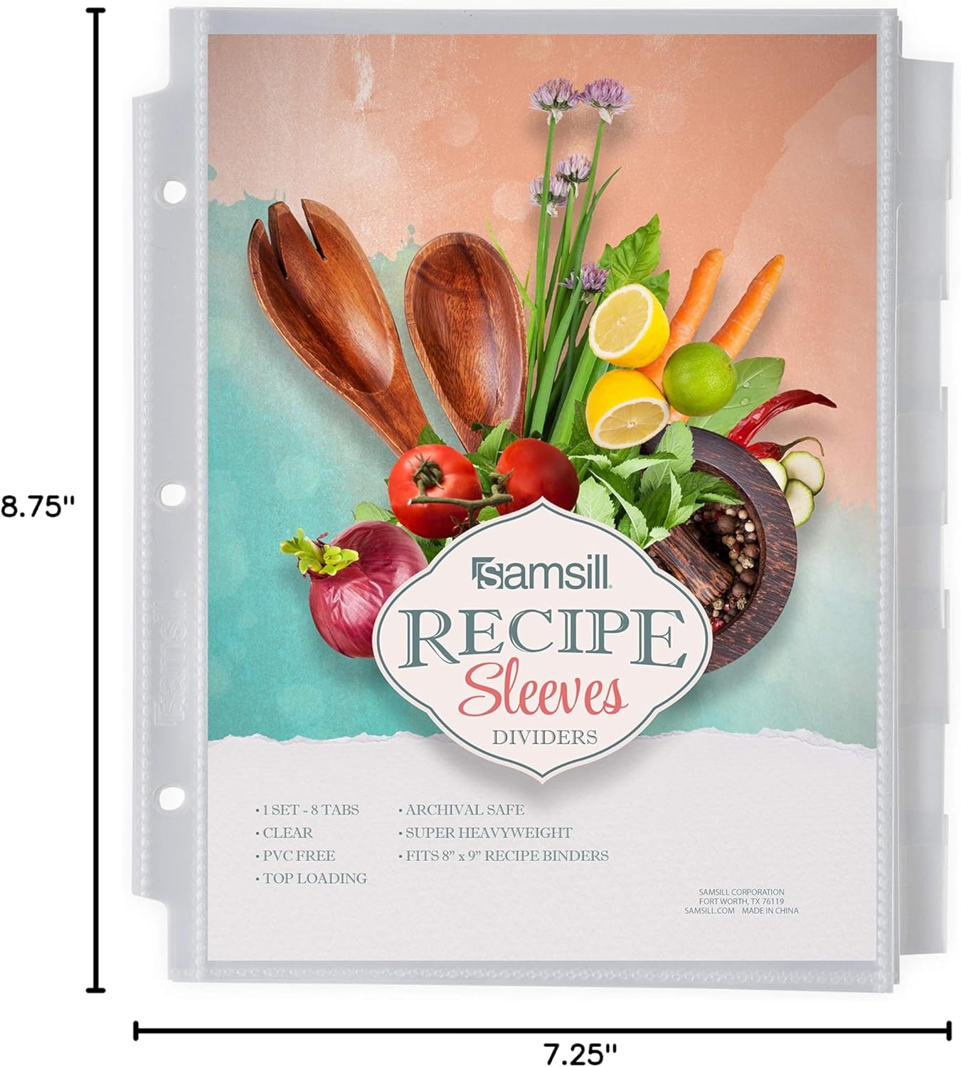 Samsill 8 Tab Recipe Dividers, Recipe Sleeves, Sheet Protector Dividers, with Tab Inserts, Clear, Super Heavyweight, Top Loading, 3 Hole Punched for Standard Letter Size Binders, Archival Safe