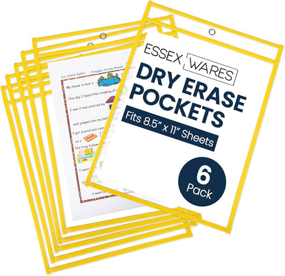 Essex Wares - 6 Pack, Assorted, Dry Erase Pocket Document Protectors, 10" Wide x 13.5" Tall- Dry Erase Clear Plastic Sleeves - Reusable & Easy Erase Plastic Invoice Holders, Water-Resistant & Durable