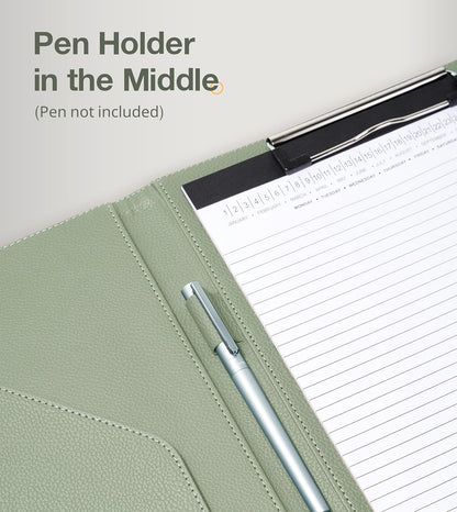 Clipboard Folder Padfolio A4, Mymazn Writing Portfolios Faux Leather Clipboards with Cover for Legal Pad Holder Letter Size 8.5 x 11 for Business Conference Notepad Clip Board (Gray Green)