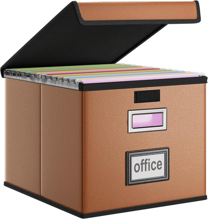 Huolewa Upgraded Portable File Organizer Box with Lid, Collapsible Linen Hanging Filing Storage Boxes with Plastic Slides, Decorative Home/Office Filing System Box for File and Folders Storage (Gray)