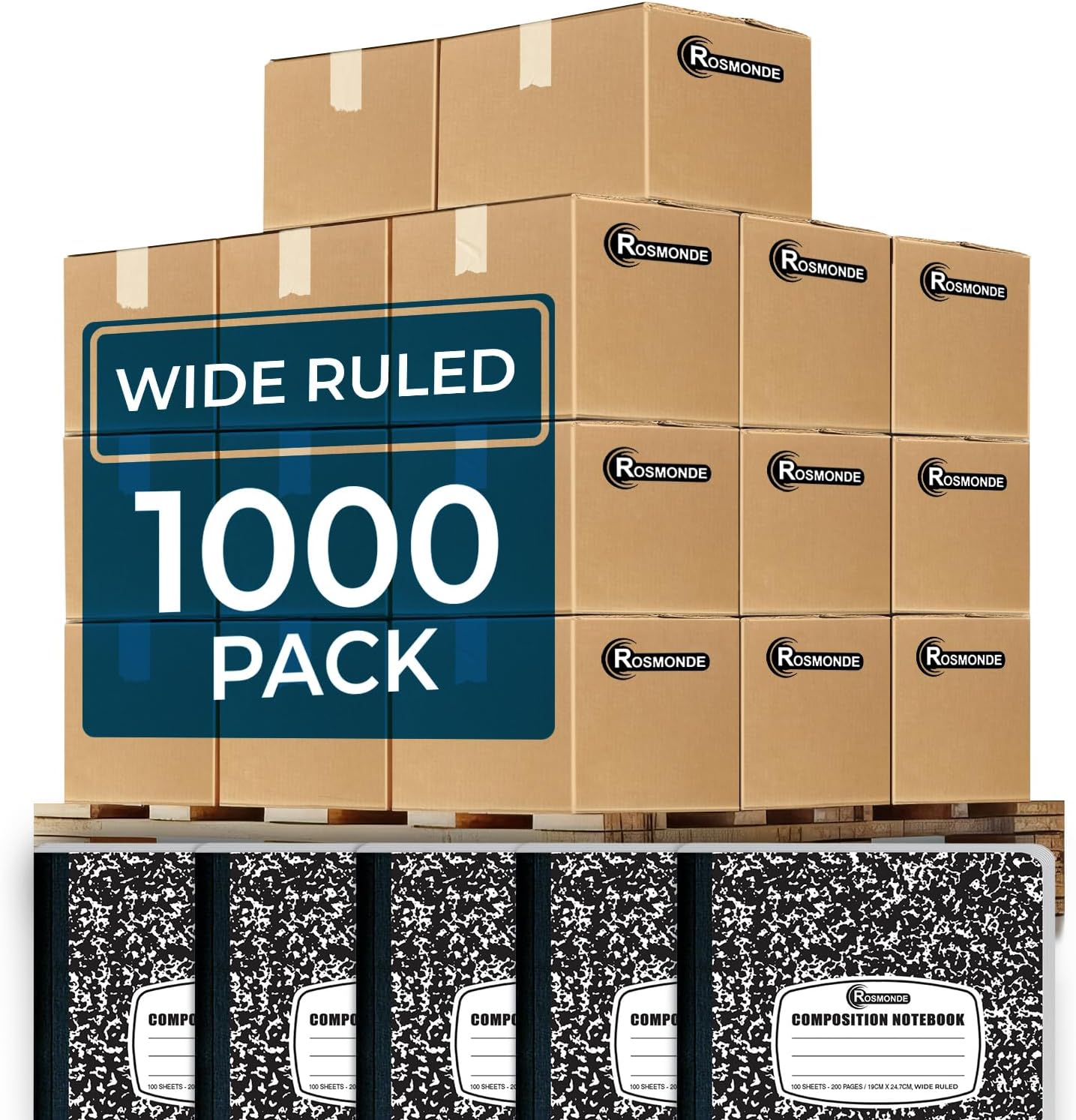 Rosmonde 50 Pack Composition Notebooks Bulk, Wide Ruled Composition Notebook, 200 Pages (100 Sheets), 9-3/4 x 7-1/2, Black Marble, Bulk School Supplies, Office Notebooks, Bulk Notebooks for School