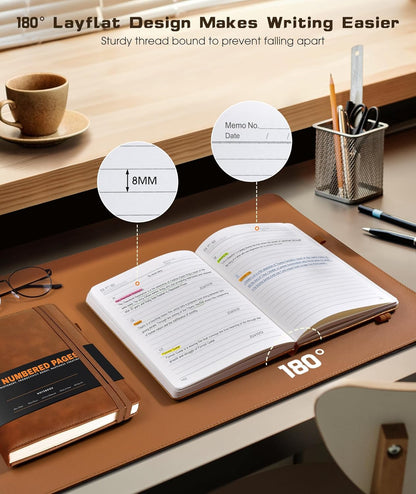 Lined Journal Notebook for Women Men, 256 Numbered Pages Hardcover Leather Journals for Writing, A5 Journaling Notebooks, College Ruled Journal for Business Work School Note Taking 5.75" x 8.38" Brown