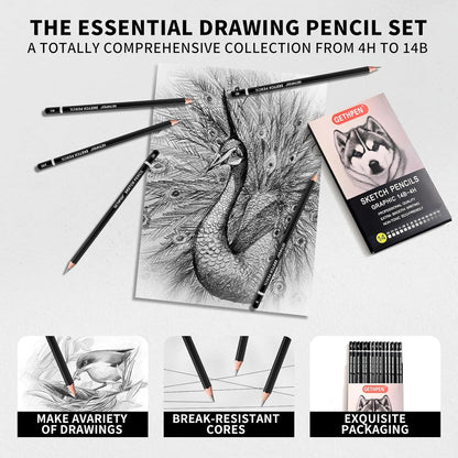 Drawing Sketching Pencil Set, 24 Piece Pro Artist Sketch Kit - Graphite Pencils (12B-4H),Charcoal Pencils for Drawing,Black and White Charcoal Pencils,Charcoal Sticks,Stumps,Eraser,Sharpeners
