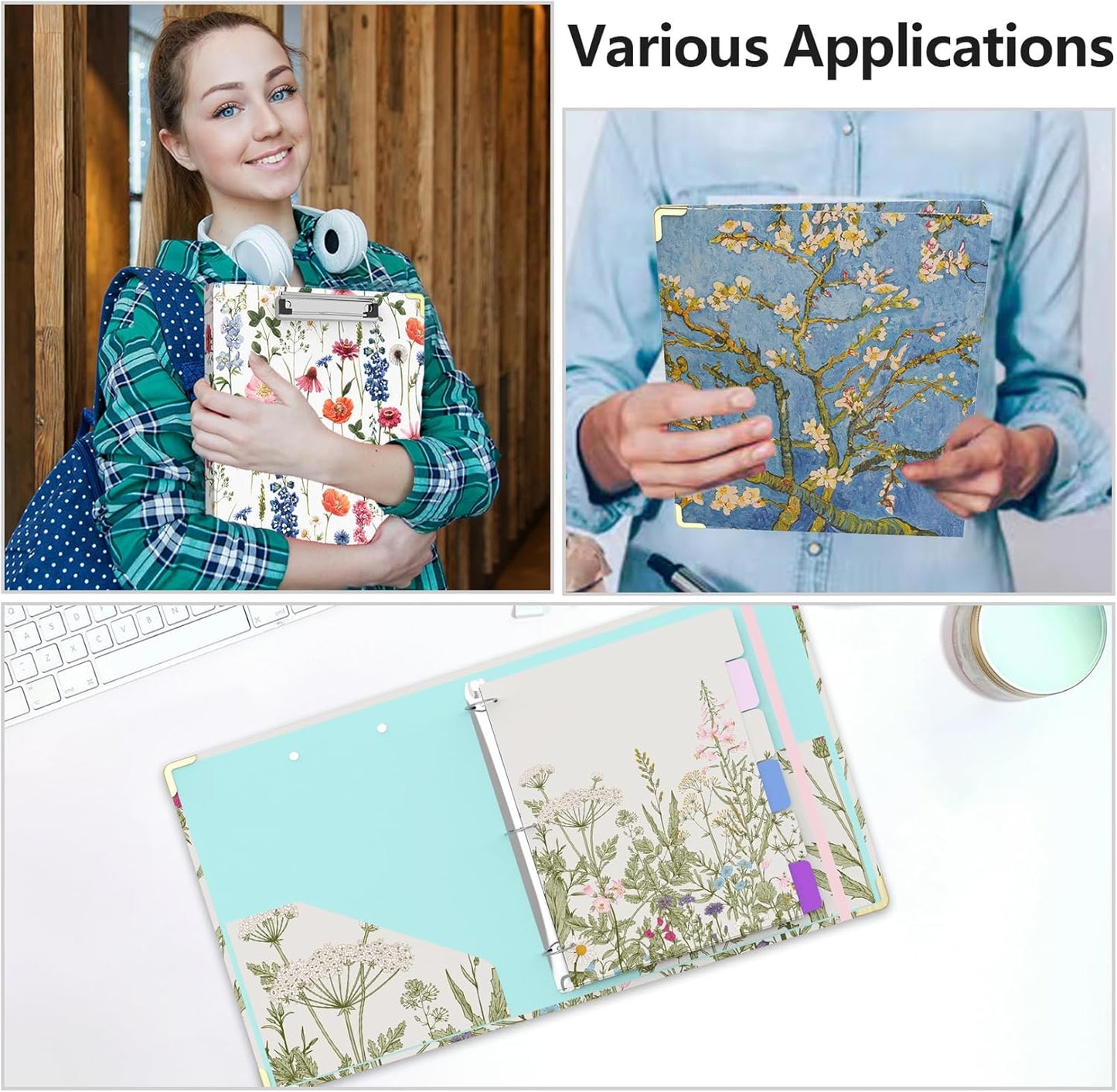 3 Ring Binder 2 Inch Round Ring Binder with 6 Tab Dividers，2 Interior Pockets，Cute Binder Clipboard with Storage, for School Office, Portfolio(Almond Tree)