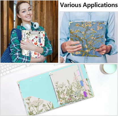 3 Ring Binder 2 Inch Round Ring Binder with 6 Tab Dividers，2 Interior Pockets，Cute Binder Clipboard with Storage, for School Office, Portfolio(Almond Tree)