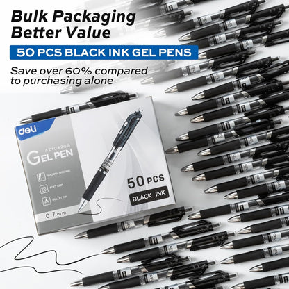 deli Gel Pens, 50 Pcs Retractable Pens Black Ink, Medium Point Pen 0.7mm, Smooth Writing, Fast Dry, No Bleed for Journaling Note Taking, Home School Office Supplies