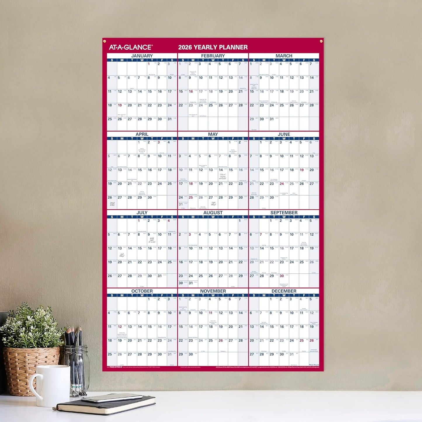 AT-A-GLANCE 2026 Erasable Calendar, Dry Erase Wall Planner, 12" x 16", Small, Vertical-Horizontal, Reversible, Compact (PM330B2826)