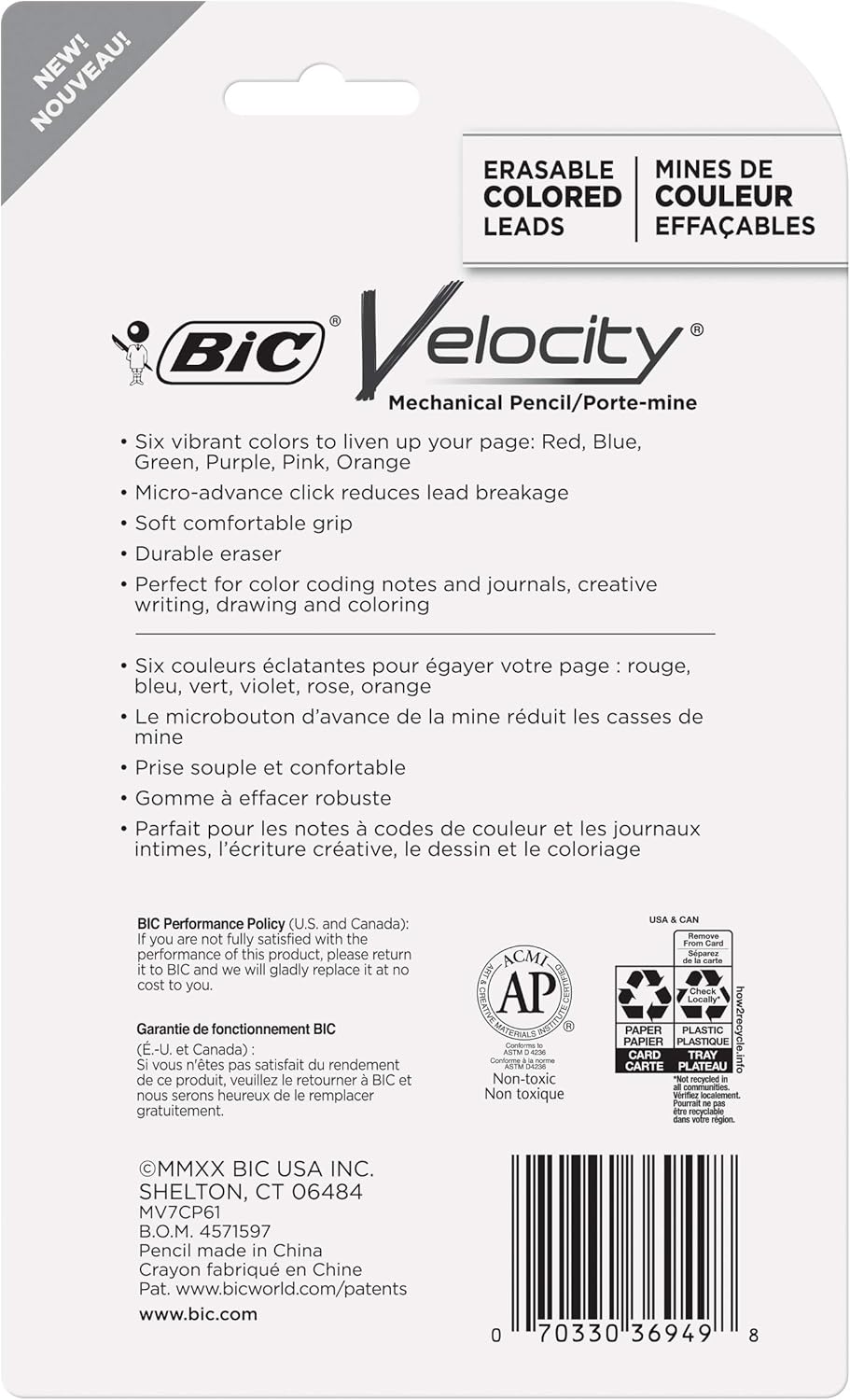 BIC Velocity Mechanical Pencils with Colored Leads, Medium Point (0.7 mm), 6-Count Pack, Perfect for Drawing and Journaling (MV7CP61-AST)