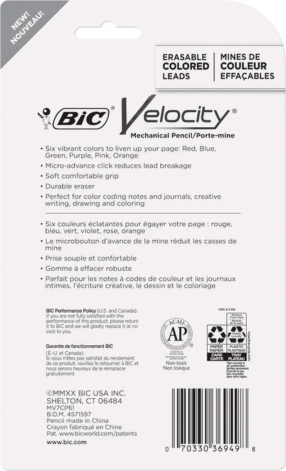 BIC Velocity Mechanical Pencils with Colored Leads, Medium Point (0.7 mm), 6-Count Pack, Perfect for Drawing and Journaling (MV7CP61-AST)