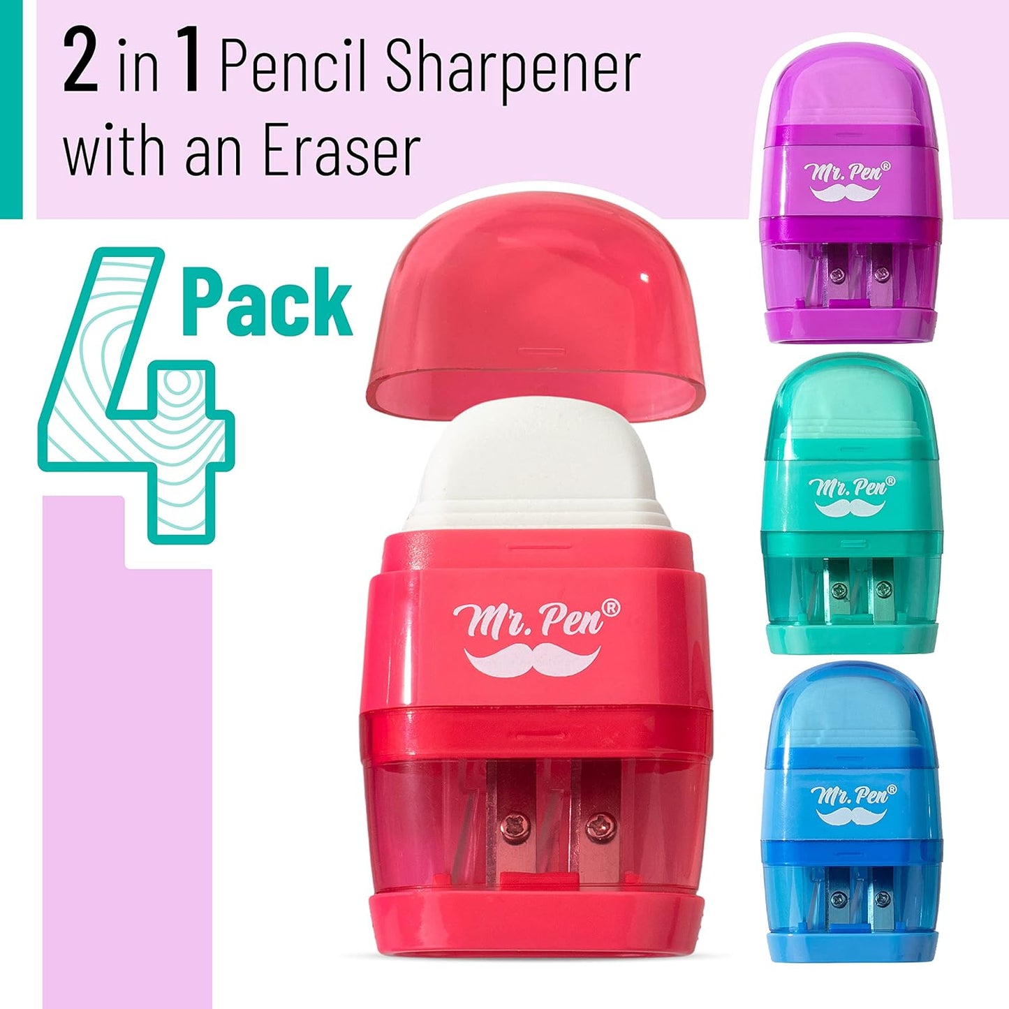 Mr. Pen- Pencil Sharpener & Eraser, 4 Pack, 2-in-1 Manual Sharpeners with Canister, 2 Sharpening Holes for Standard & Jumbo Pencils, Colorful Dual Hole Design for School, Office, Home, Kids