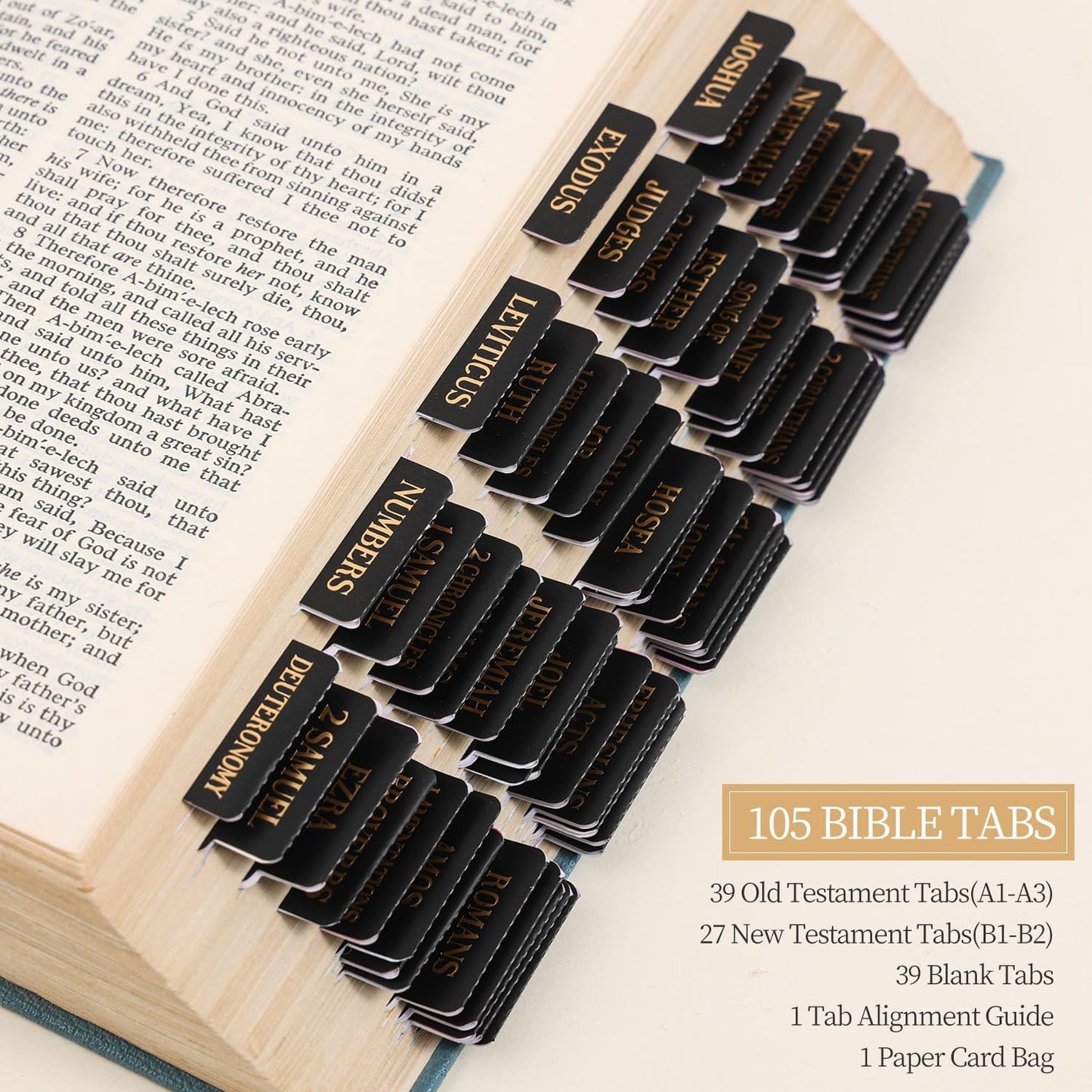 Laminated Bible Tabs, Gold Foil Embossed Lettering Bible Chapter Index Tabs for Women Men, Reposition Large Print Sticky Labels, Easy to Read and Apply, 105Chapters Labels for Easy Navigation (Black)