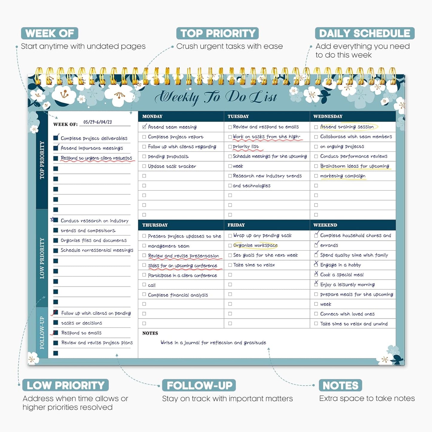 Taja Weekly To Do List Notepad with 52 Undated Sheets（8.5"×11"）- Weekly Desk Planner for Women & Man, Work and Home -1 Pack Violet Dream