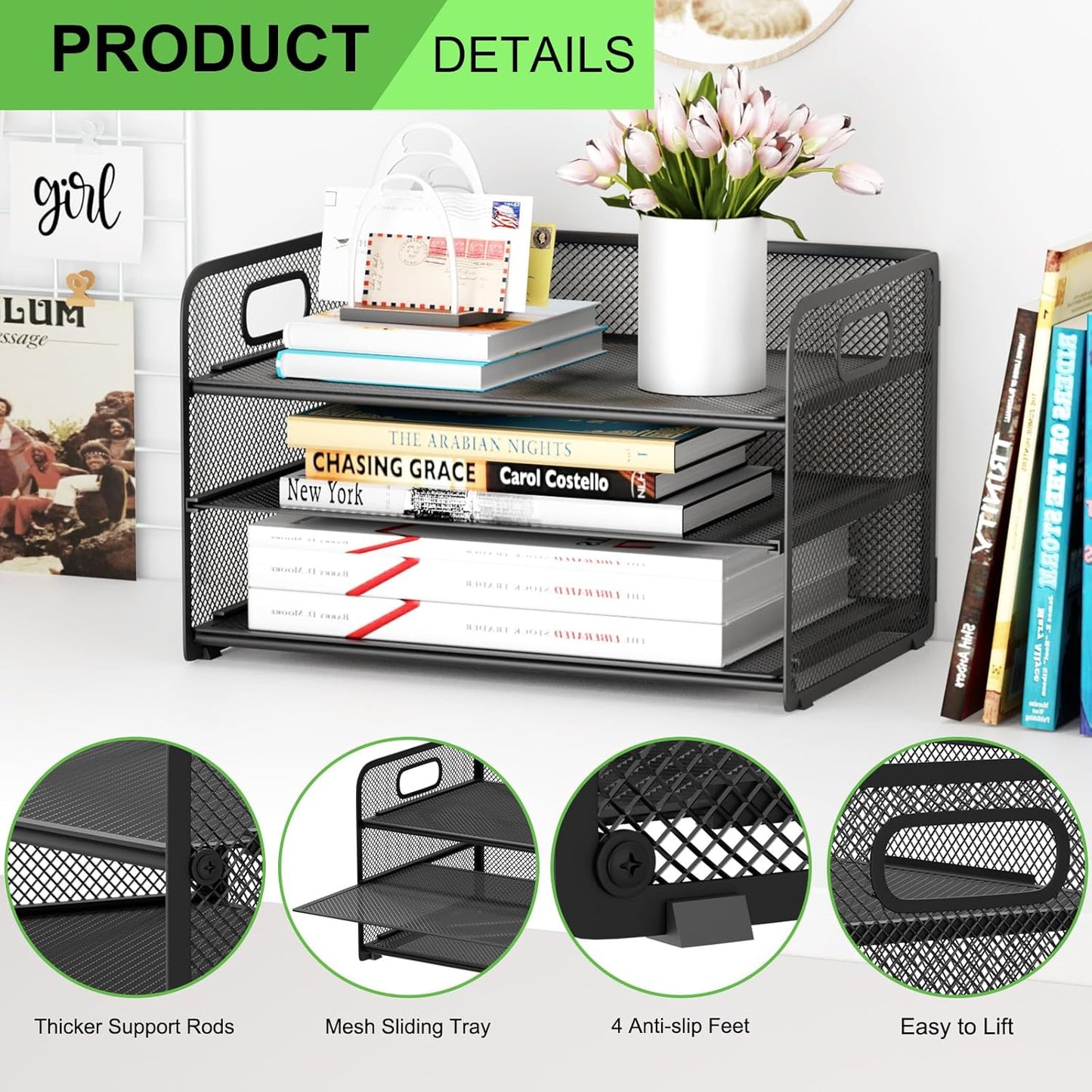 3 Tier Paper Letter Tray Organizer for Desk, Mesh File Folder Document Organizer with Handle for Home Office Supplies Desktop Accessories, Pink