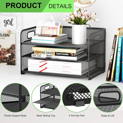 3 Tier Paper Letter Tray Organizer for Desk, Mesh File Folder Document Organizer with Handle for Home Office Supplies Desktop Accessories, Pink