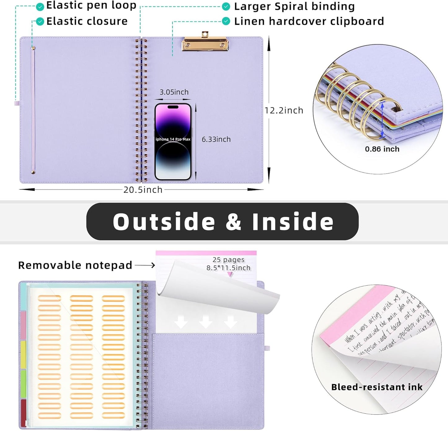 Ospelelf Foldable Spiral Clipboard Folio with Storage Zipper Pouch, 5 Plastic Folders with 10 Pockets,Refillable Lined Notepad (11" x 8.5"), Hardcover Project Organizer with 39 Stickers (Purple)