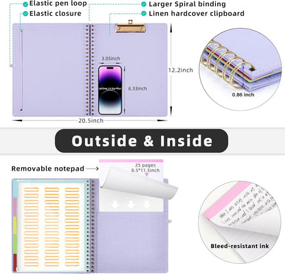 Ospelelf Foldable Spiral Clipboard Folio with Storage Zipper Pouch, 5 Plastic Folders with 10 Pockets,Refillable Lined Notepad (11" x 8.5"), Hardcover Project Organizer with 39 Stickers (Purple)