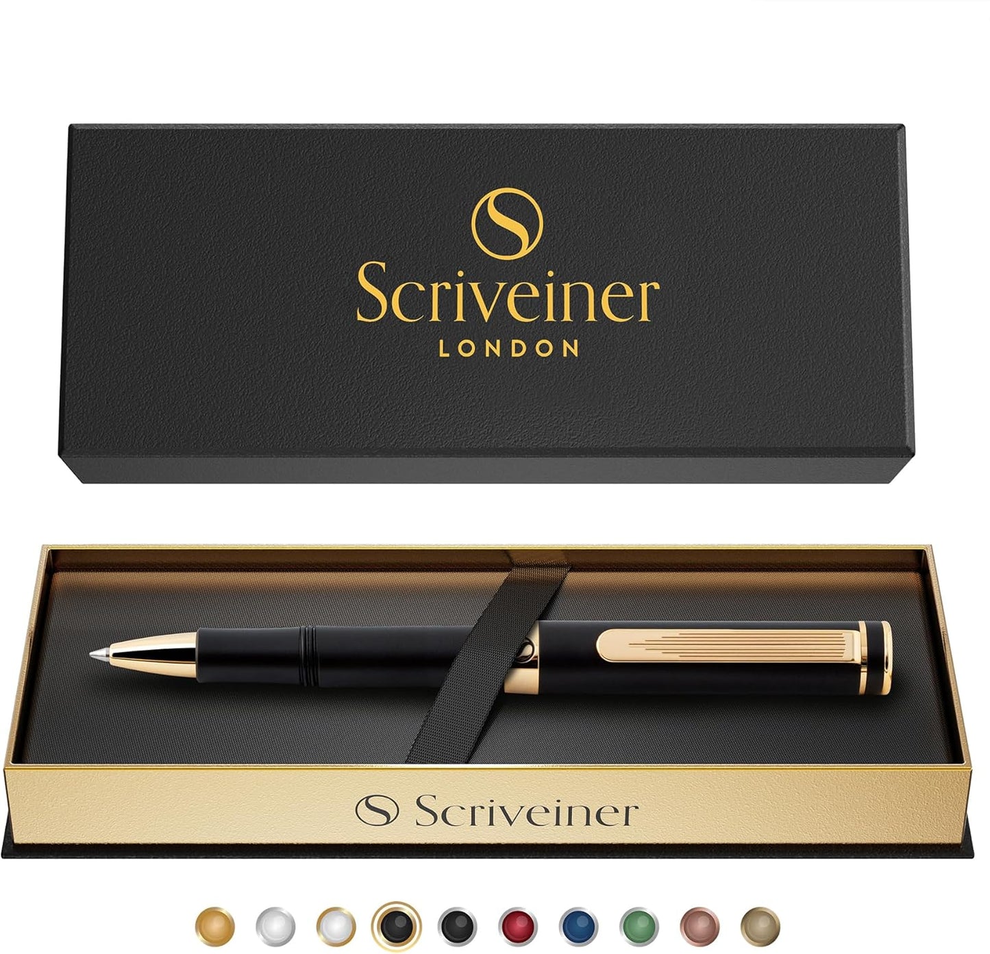 Scriveiner Black Rollerball EDC Luxury Pen, Stunning Pocket Pen with Chrome Finish, Cool Writing, Best Gift for Men & Women, German Schmidt Refill, Nice Present, Fancy Office Designer Set
