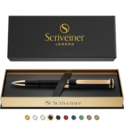 Scriveiner Black Rollerball EDC Luxury Pen, Stunning Pocket Pen with Chrome Finish, Cool Writing, Best Gift for Men & Women, German Schmidt Refill, Nice Present, Fancy Office Designer Set