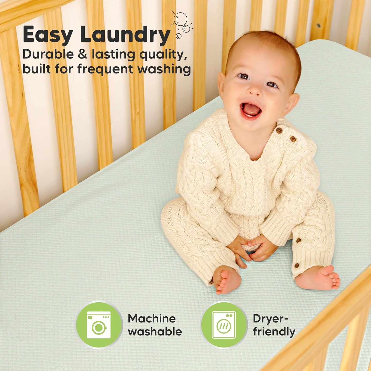 2-Pack Waterproof Crib Mattress Protector Cover Fitted - Quiet Baby Crib Mattress Pad Sheets, 52" x 28" Soft Quilted Cotton Baby Sheet, Machine Washable, Easy Fit, Durable (Soft White/Mavy)