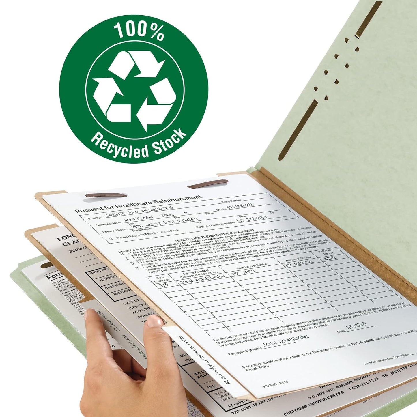 Smead 100% Recycled Pressboard Classification File Folder, 2 Dividers, 2" Expansion, Legal Size, Gray/Green, 10 per Box (19022)