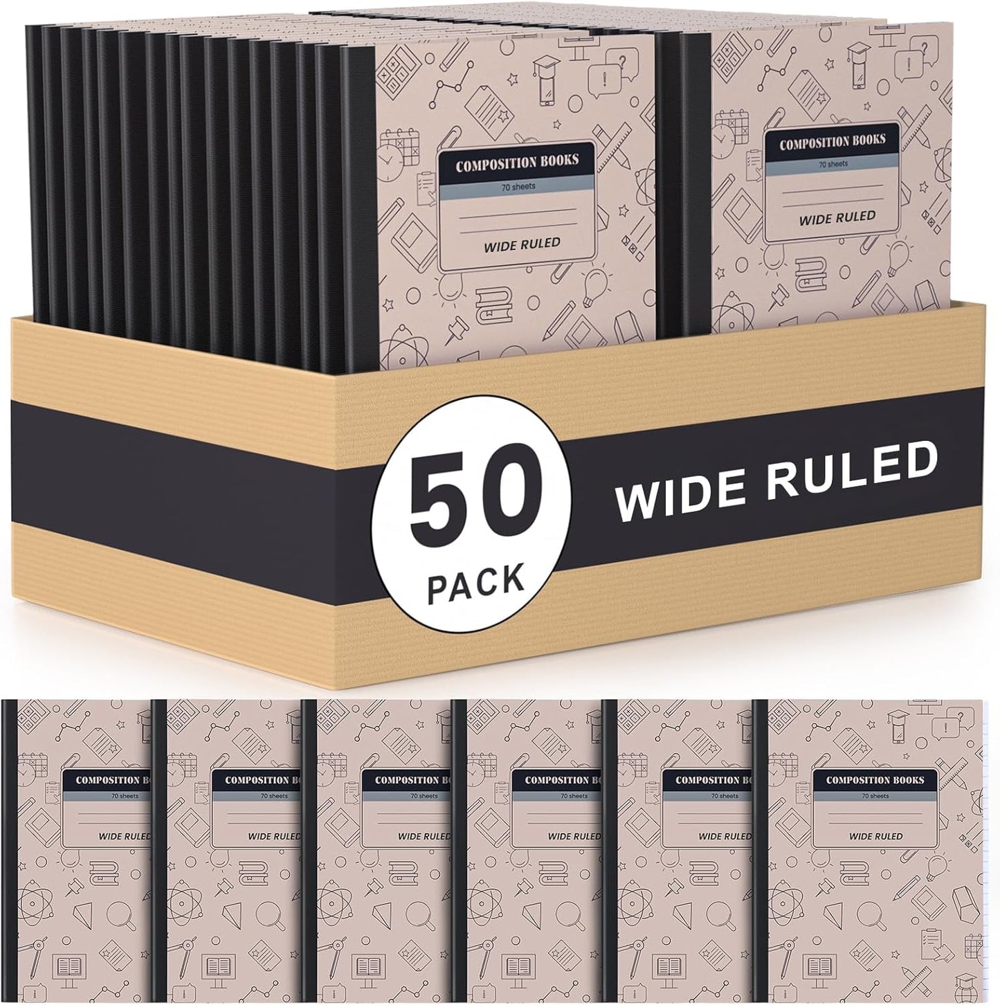 Oucaru Composition Notebook 50 Pack Bulk College Ruled, Brown Cover Notebooks for School, 70 Sheets 7-1/2"x9-3/4, Back to School Supplies Journal for K-12 Students
