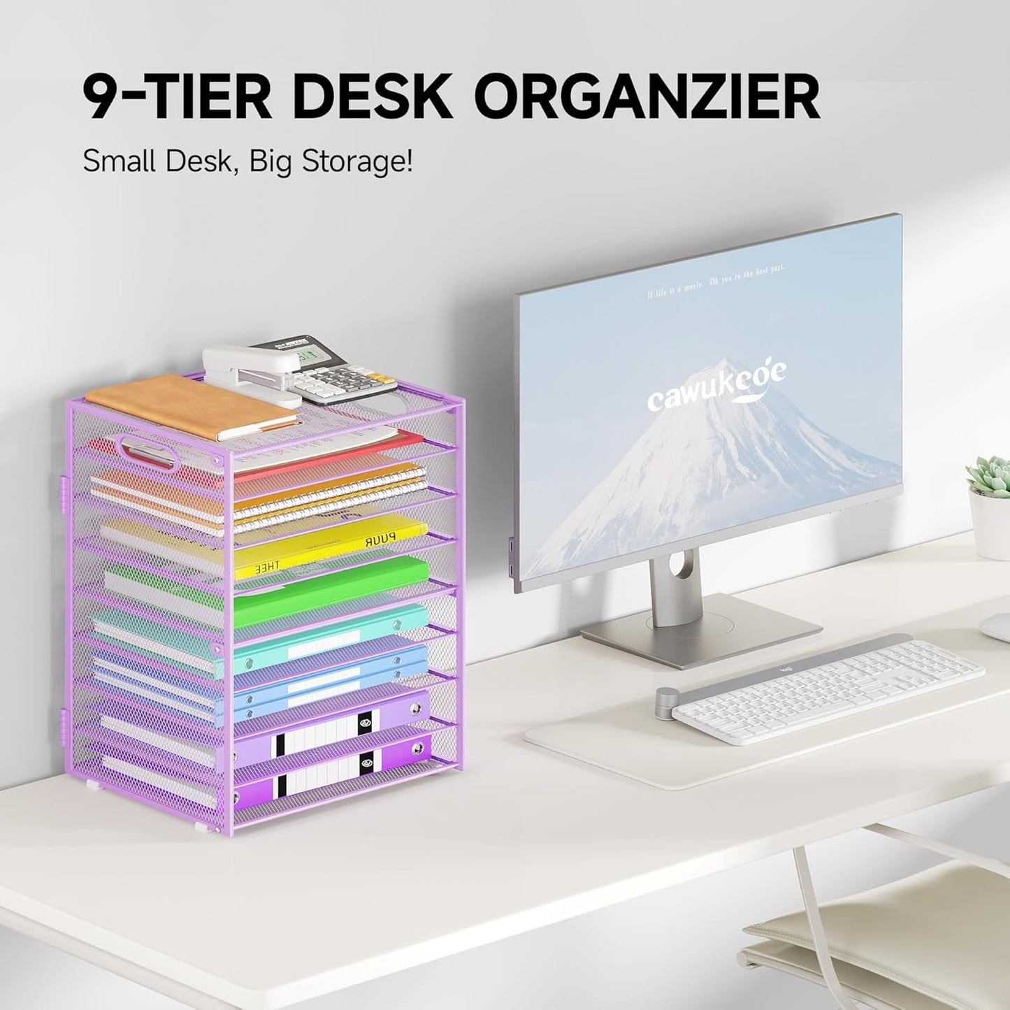 Cawukege 9 Tier Paper Organizer with Handle, Black Large Capacity Desk Organizer Mesh File Folder Letter Paper Tray Desktop Document Sorter for Classroom, School, and Office Accessories Organization