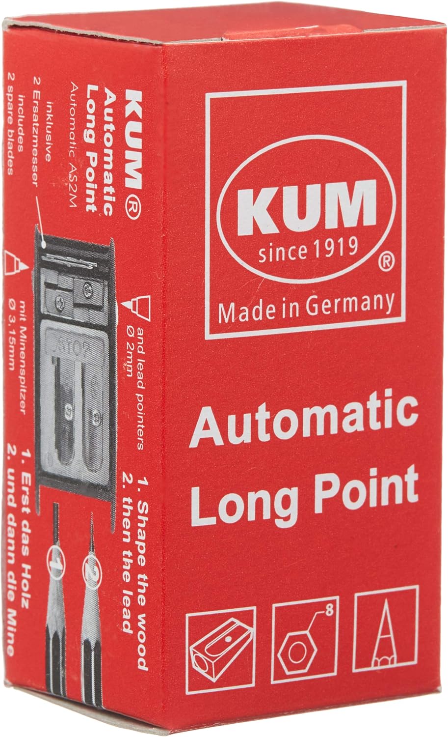 AS2M (1053121), Long Point Sharpener, sharpens in 2 steps; 2 spare blades includes. With lead pointers for 2 mm and 3.2 mm. BLUE only