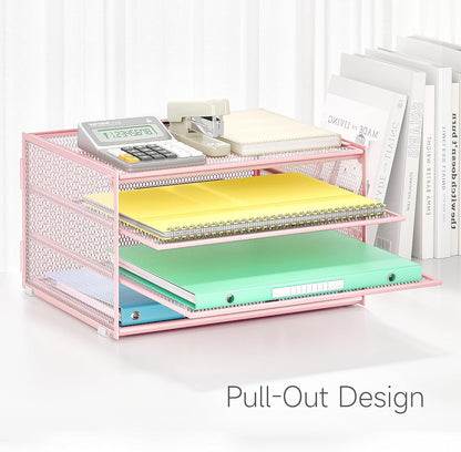 Lavatino 3-Tier Letter Tray Desk Organizer, Mesh Metal Paper File Tray Organizer for Desk, Office Supplies & Home Organization, Fits A4 Paper, Mail, Magazines & Office Accessories (Black with Handle)