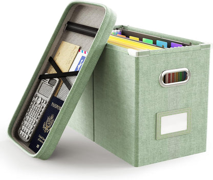 Oterri File Organizer Box with Lid, Hanging Filing File Box with Mesh Pocket, Document Organizer Box for Letter Files, Portable Storage Box with Smooth Sliding Rail for Office&Home (1 PCS, Beige)