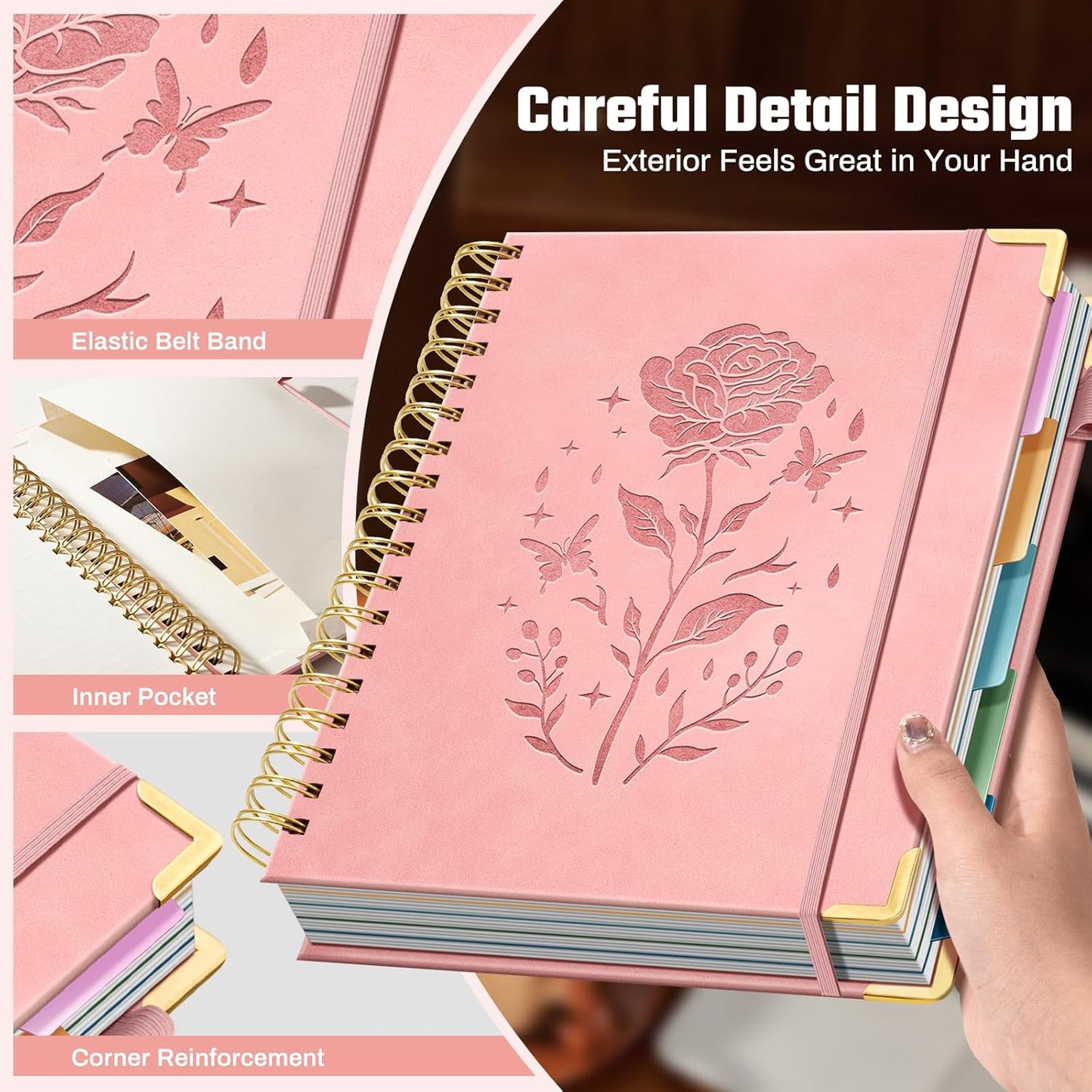 Ovesmusl Hardcover Spiral Notebook 8.5" x 11" with 5 Removable Dividers 300 Pages Leather 5 Subject Notebook College Ruled 100GSM Large Spiral Notebooks for Work Thick Lined Journal for Women, Green