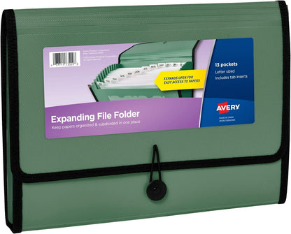 Avery Expanding File Folder Organizer, 13-Pocket Accordion File Organizer, Sage, Holds 425 Letter/A4-Size Sheets (73555)