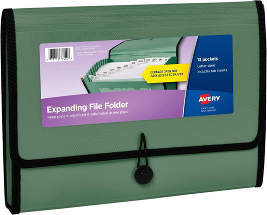 Avery Expanding File Folder Organizer, 13-Pocket Accordion File Organizer, Sage, Holds 425 Letter/A4-Size Sheets (73555)