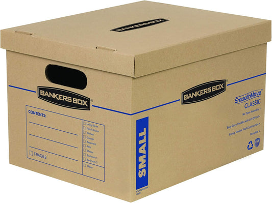 Bankers Box Small Classic Moving Box, 10-Pack, Reinforced Handles, Tape-Free Assembly, 15 x 12 x 10 Inches (7714901)