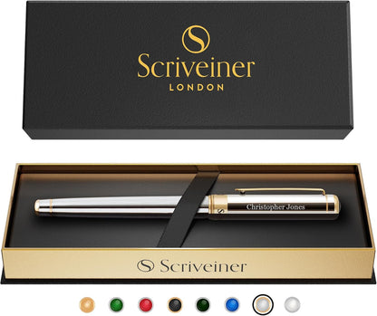 Scriveiner Midnight Blue Rollerball Pen - Stunning Blue Lacquer Luxury Pen, Chrome Finish, Schmidt Ink Refills, Men & Women, Professional, Executive Office, Nice Pen