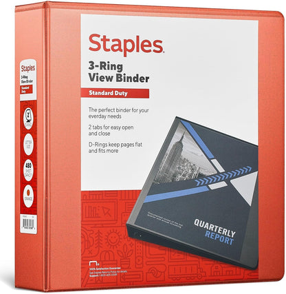 Staples Standard 2-Inch 3-Ring View Binder, Holds Up to 450 Sheets, Orange, Durable Binder for Office & School