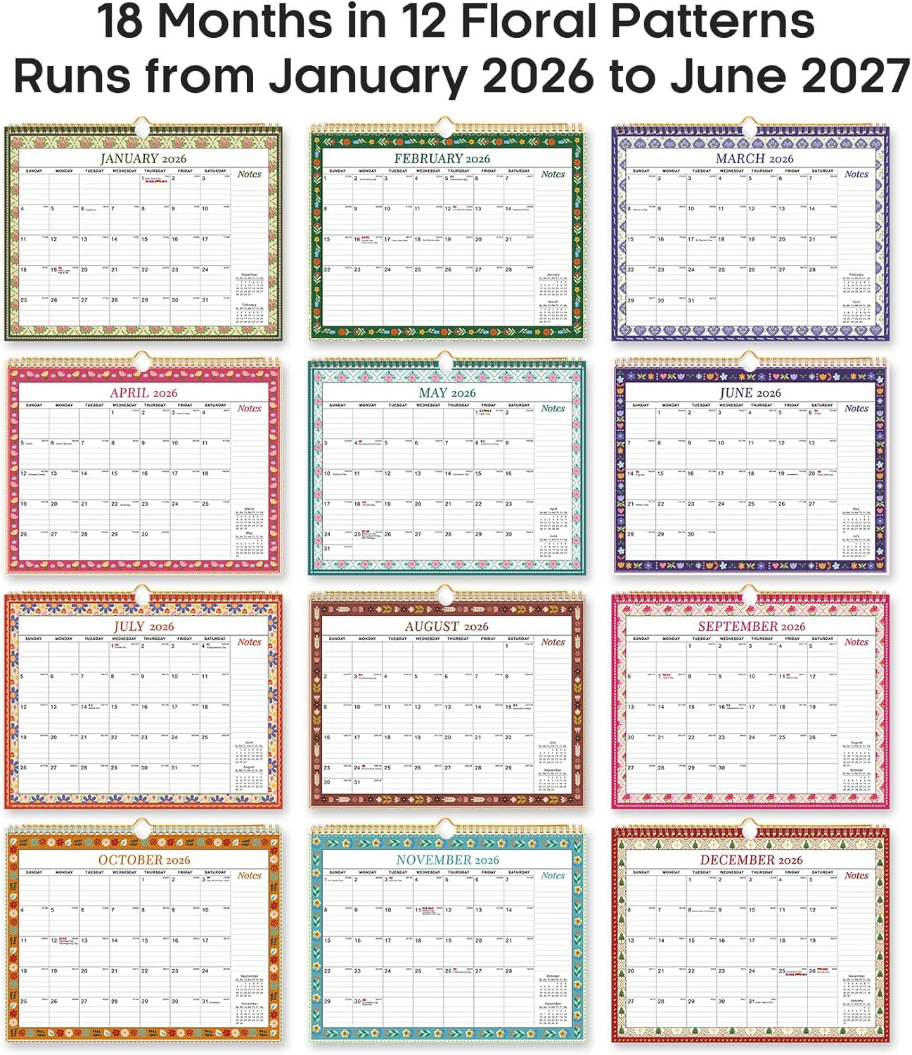 Calendar 2026-2027, Monthly Wall Calendar Runs Until June 2027, 11.5" x 14.8", Spiral Binding Hanging Wall Calendar, Perfect for Home or Office,Floral