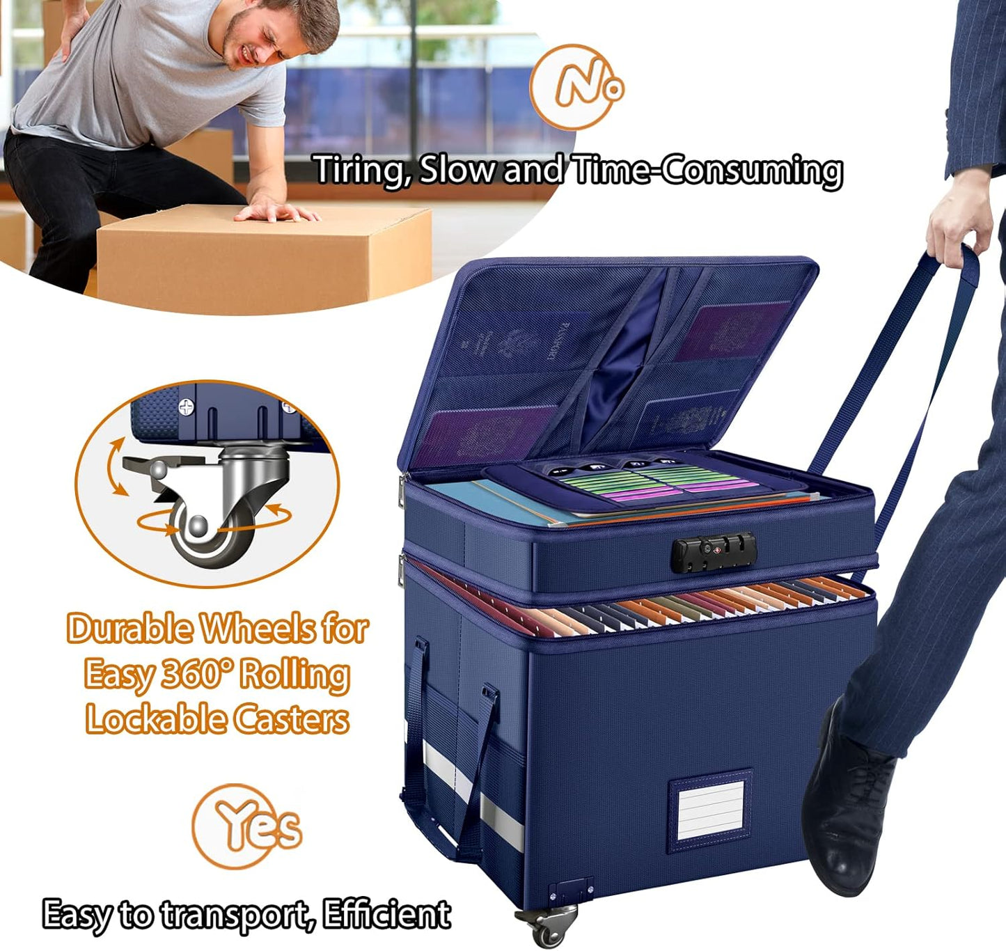DocSafe Fireproof Document Box with Lock,2-Layer File Box with Wheels,Collapsible File Storage Organizer with Pockets,Large Portable Home Filing Cabinet for Hanging Folders,Black,16''x13.8''x12.2''