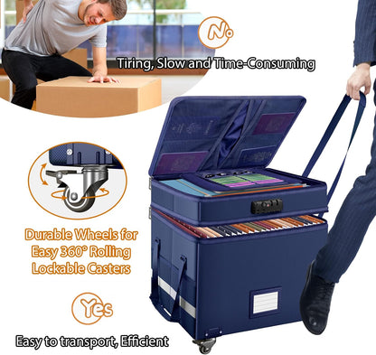 DocSafe Fireproof Document Box with Lock,2-Layer File Box with Wheels,Collapsible File Storage Organizer with Pockets,Large Portable Home Filing Cabinet for Hanging Folders,Black,16''x13.8''x12.2''