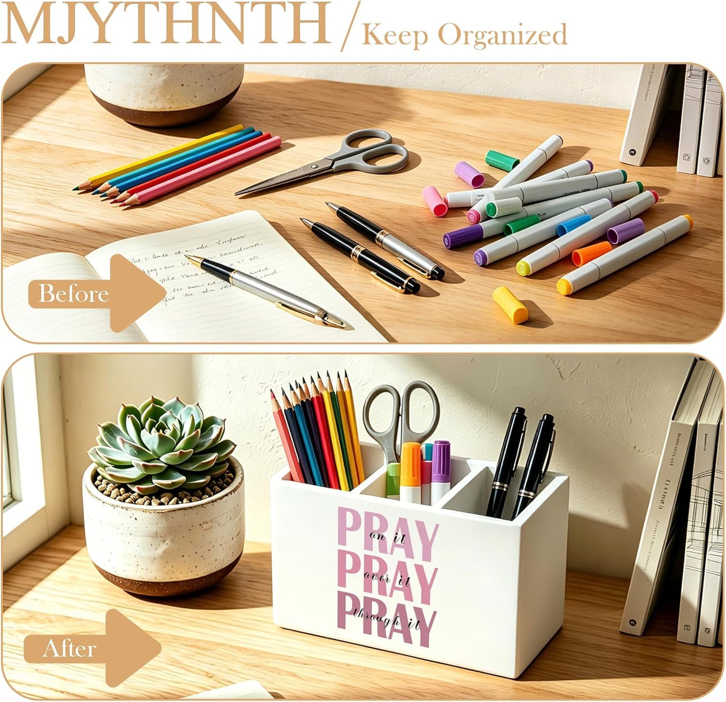 Don't Overthink It Inspirational Pencil Pen Holder for Desk, Pink Positive Affirmations Wooden Box Sign Pen Holder Organizer for Home Office School Desk Accessories