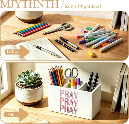Don't Overthink It Inspirational Pencil Pen Holder for Desk, Pink Positive Affirmations Wooden Box Sign Pen Holder Organizer for Home Office School Desk Accessories