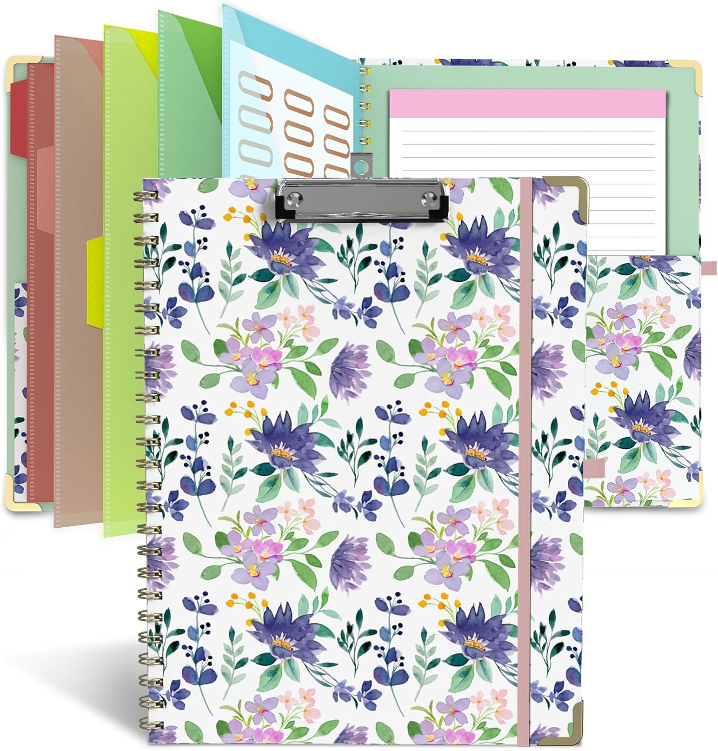 Foldable Clipboard Folio with Storage, 5 Plastic Folders with 10 Pockets,Refillable Lined Notepad (11" x 8.5"), Hardcover Project Organizer Nursing Teacher School Essentials