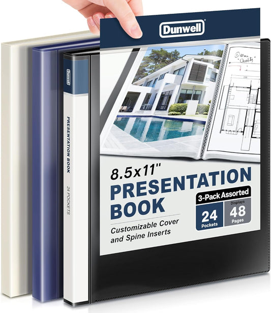 Dunwell Presentation Binder 24-Pocket, Displays 48 Pages, 8.5x11 Portfolio Binder with Plastic Sleeves, Storage and Organizer for Documents, Certificates, Projects, Photos (3 Pack, Black)