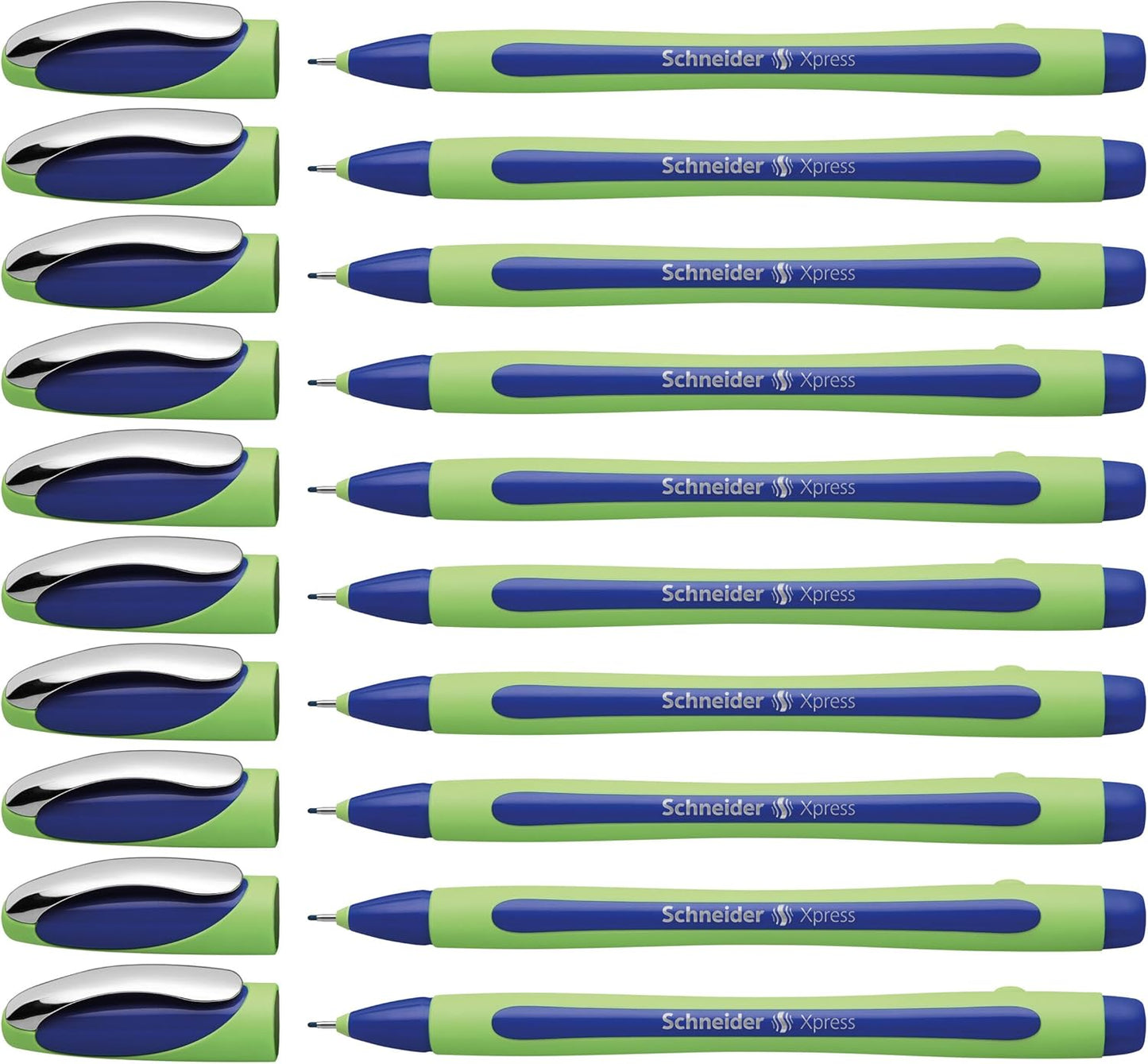 Schneider Xpress Premium Fineliner, 0.8 mm Porous Point, Light Green Barrel, Blue Ink, Box of 10 Pens (190003)