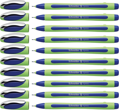 Schneider Xpress Premium Fineliner, 0.8 mm Porous Point, Light Green Barrel, Blue Ink, Box of 10 Pens (190003)
