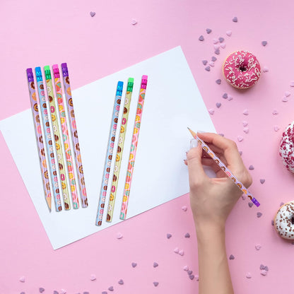 200 Pieces Donut Themed Pencils Cylinder Wood Pencils with Various Donut Element 4 Style Assorted Students Pencils Girls Birthday Present Party Supplies Student Carnival Prize School Office Supply
