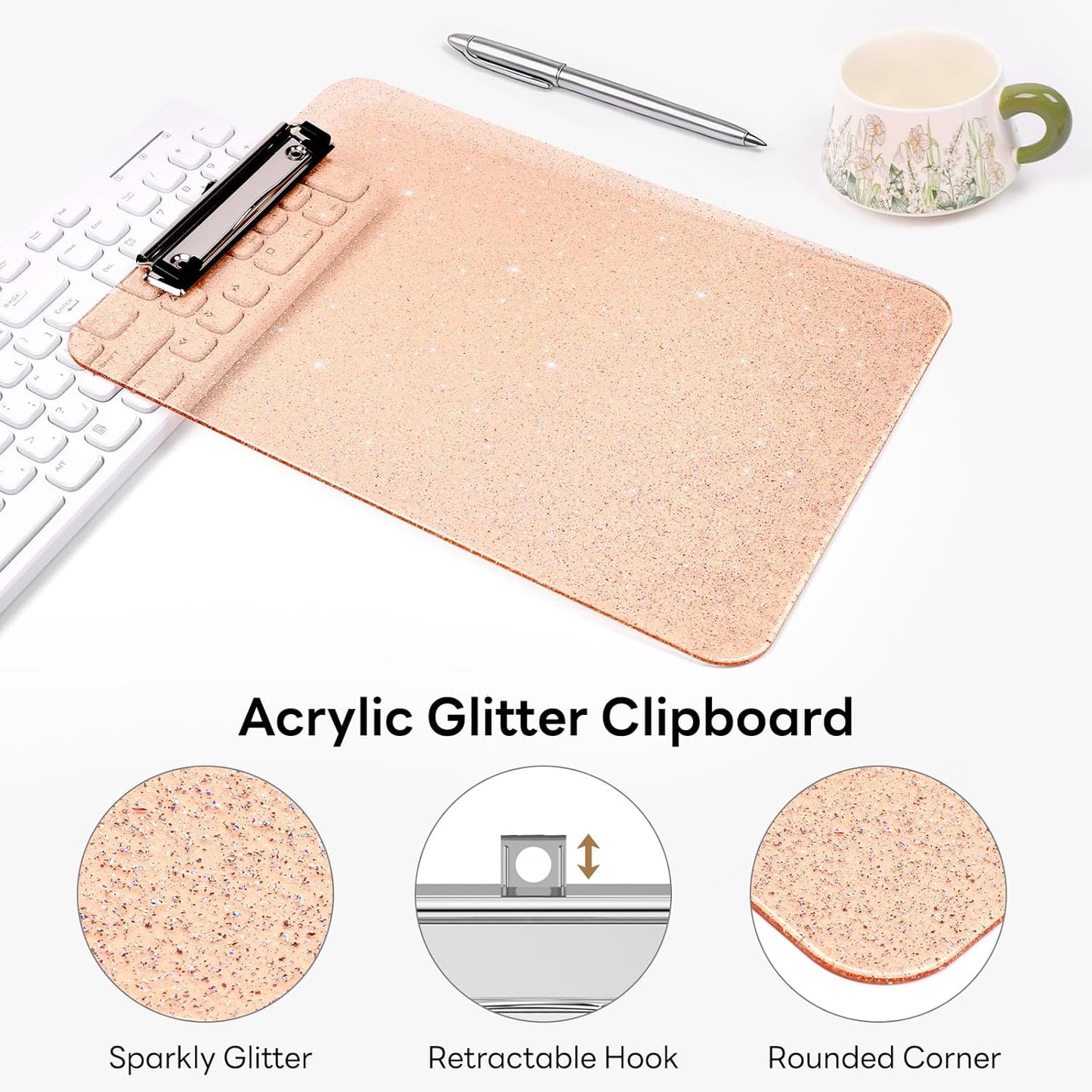 A4 Plastic Glitter Clipboard, Sparkly Pink 12.5 x 9 Letter Size for Classroom, Students, Teacher, Nurse, 8.5 x 11 Clip Board with Low Profile Clip, Office & School Supplies